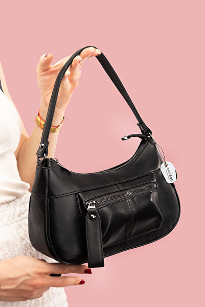 westbag Women's Black Genuine Leather Zippered Gondola Baguette Shoulder Bag ...