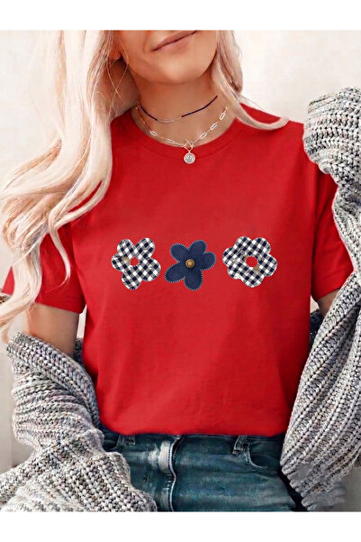 uyguntarz Unisex Plaid Patterned Floral Printed Design Tshirt
