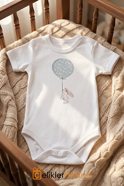 ÇELİKLER HEDİYE Rabbit Holding a Balloon Printed Baby Bodysuit 100% Cotton Un...