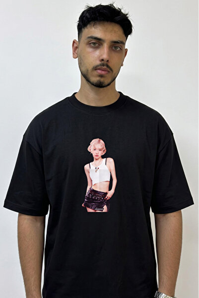 Anetos Μαύρο μπλουζάκι με σχέδιο Rose Blackpink με στάμπα Oversize