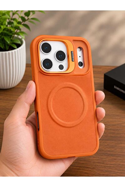 Case I PHONE 17 PRO Turuncu Deri Standlı Kılıf