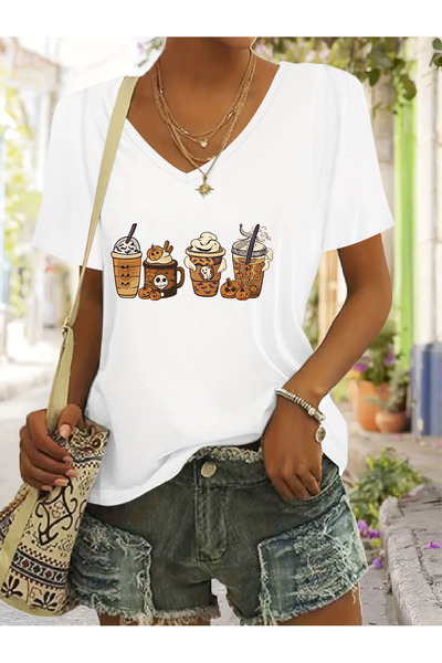Deocept Women's Mix Printed V-Neck Sleeved Regular Fit Comfortable T-Shirt