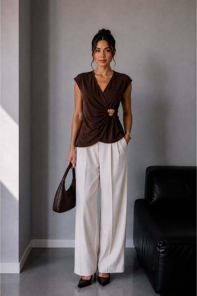 1021 Women's Gold Buckle Detailed Wrap-Looking Draped V-Neck Blouse Brown