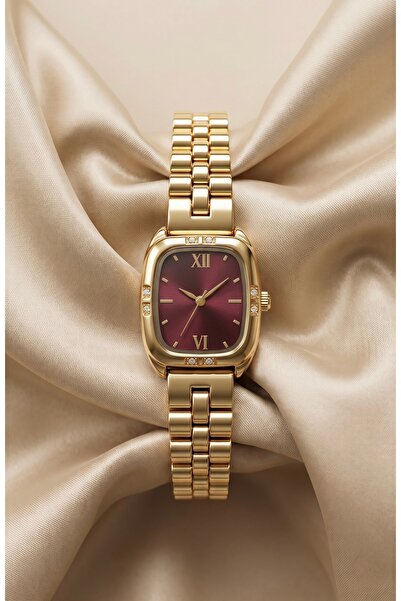 KLISHE Butik Lily Kadın Çelik Saat Gold Renk & Bordo Kadran Vintage Old Money...