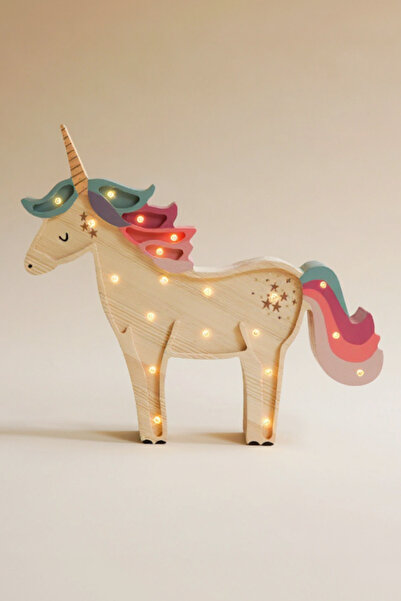 Galery Wood Novalia Luna Unicorn Figürlü Doğal Ahşap LED Çocuk Odası Gece Lam...