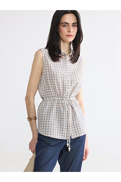 LC Waikiki Lcw Everyday Ecru Plaid Women's Shirt with Tie Detail