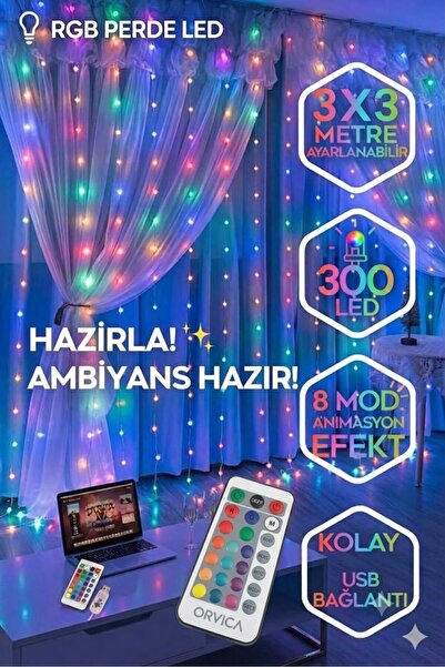 ORVİCA Kumandalı Rgb Perde Led 3x3 Metre 300 Ledli 8 Modlu Saçaklı Peri Işık ...