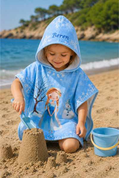 minilee children's happiness Kar Prensesi - İsimli Çocuk Kapşonlu Panço Havlu – Deniz, Havuz ve Banyo Bornoz Pançosu 2-8 Yaş