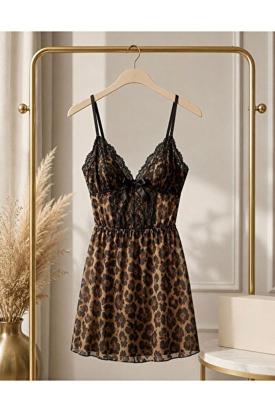 Liora Bellafemia Kadın Leopar Desenli Dantel Detaylı Askılı Babydoll Gecelik