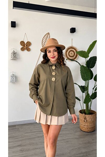 Famecoy Kadın gold düğme deraylı uzun kollu oversize gömlek gml00405