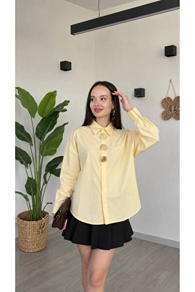 Famecoy Kadın gold detaylı uzun kollu oversize gömlek gml00405