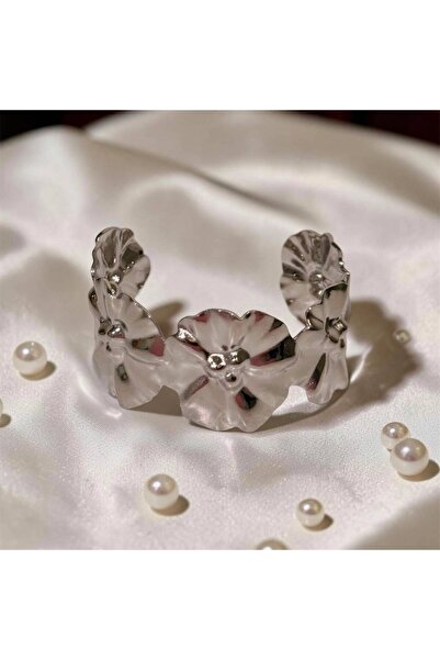 JADE ACCESSORY Luxury 316|Silver Kalın Çiçek Kelepçe Bilezik Ayarlanabilir Ka...