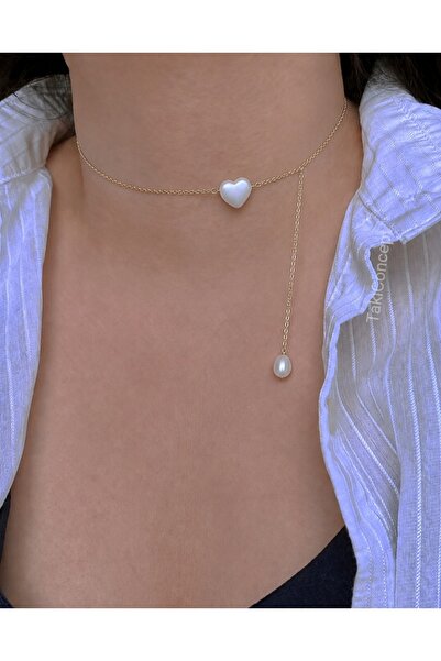 TakıConcept İnci Kalp Detaylı Choker Kadın Kolye Gold