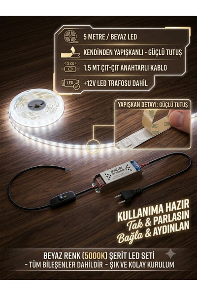 ECONA 5METRE BEYAZ Şerit LED Setİ,Mutfak Dolabı Tezgah Üstü Led,3 Çip, Adaptö...