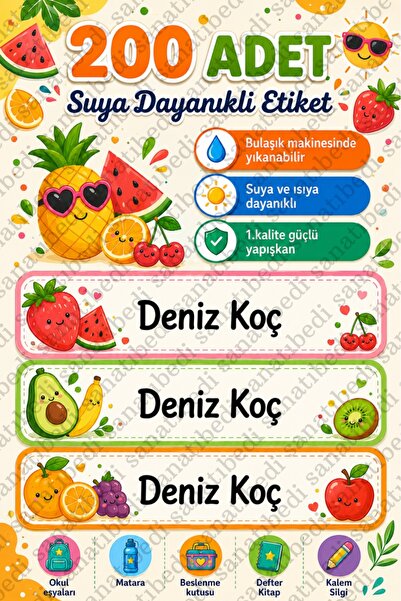 sanatıbedi 200 Pieces of Waterproof Fruits-Themed School Labels - Name Sticke...