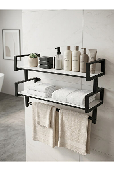 BRTWOODS Metal Ahşap Banyo Rafı – 2 Katlı Havluluklu Duvar Rafı