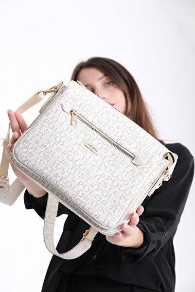 Just Polo Women's Cream Monogram Printed Postman Hand and Shoulder Bag