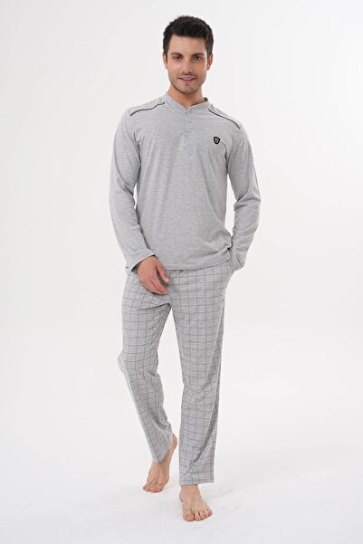 By Mecit Pijama Big Size Long Sleeve Collared Buttoned Pockets Men's Pajama S...