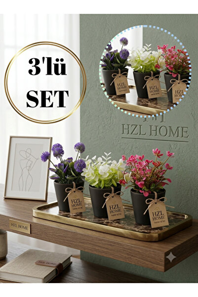 HZL HOME Dekoratif 3'lü Mini Yapay Çiçek Seti - Ev ve Ofis Hediyelik Saksı Bi...