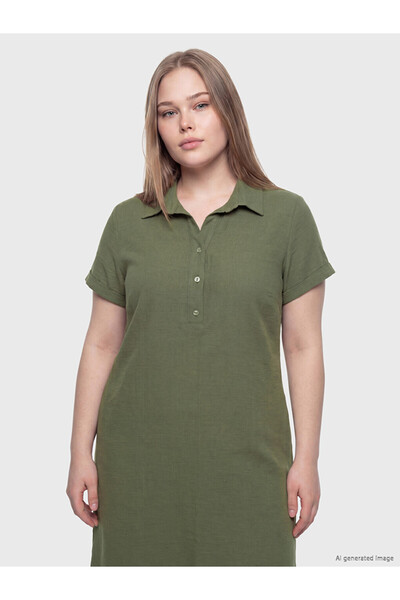 LC Waikiki Lcwaikiki Curve Khaki Shirt Collar Plus Size 100% Cotton Dress