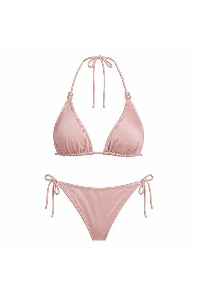 SAVORA SWİM Pembe Simli Üçgen Bikini Takımı Boncuk Detaylı Klasik Kesim