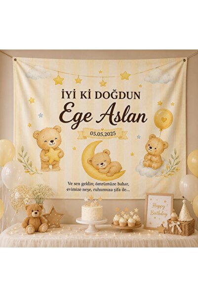 Piloji Kişiye Özel İyi Ki Doğdun Kumaş Doğum Günü Duvar Örtüsü Sarı renkli Ay...