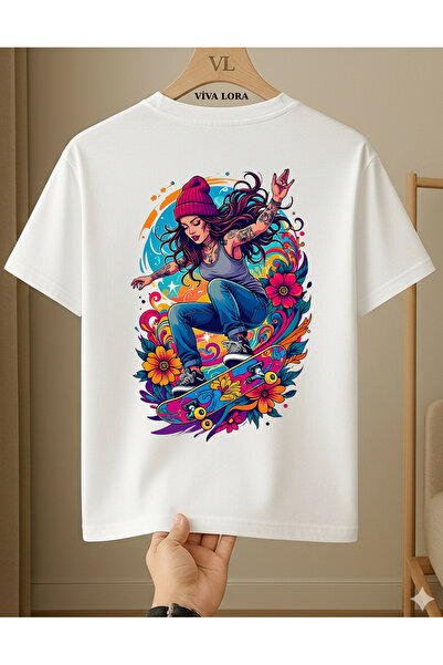 VİVA LORA Skateboarder Girl Back Printed Women's 100% Cotton Regular T-Shirt ...