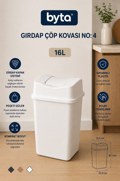 BYTA 16 Liter Swirl Lid Trash Can Plastic Kitchen Bathroom Office Trash Bin W...