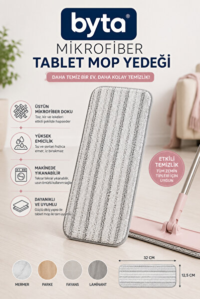 BYTA Mikrofiber Tablet Mop Yedeği 32 x 12,5 cm Yıkanabilir Yedek Mop Bezi