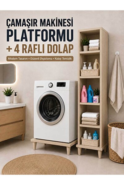 Çamaşır Makinesi Platformu + 4 Raflı Banyo Dolabı (Sonomo) Robot Süpürge Uyumlu Deterjan ve Havlu Düzenleme Ünitesi
