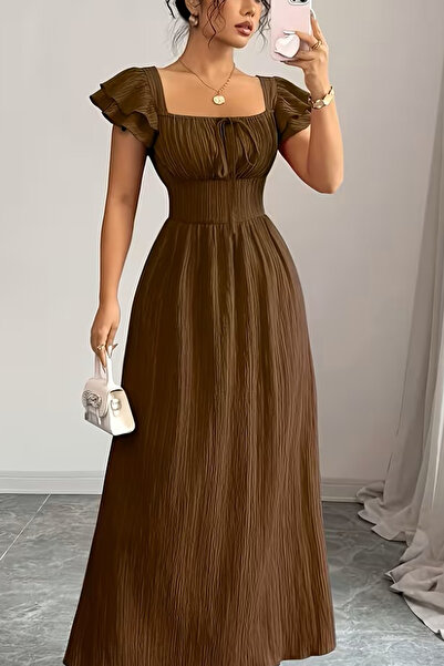 missamour Women's Square Neck Gipeli Waist-Fitted Brown Crinkle Maxi Dress