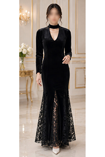 Nobrand Black Velvet Long Lace Evening Dress Elegant Evening Dresses