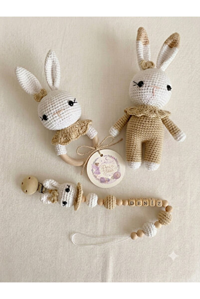 Peri Tozu Atölyesi Amigurumi Yenidoğan üçlü tavşan set bej