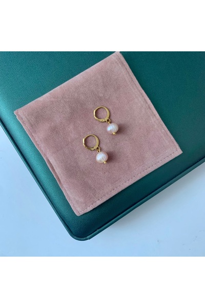 JOVİ ATELİER Gerçek Pembe Inci Gold Renk Paslanmaz Çelik Halka Küpe Pembe İnci