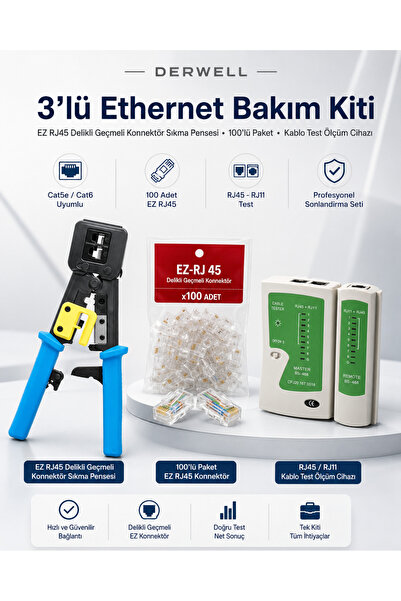 Derwell 3lü Ethernet Bakım Kiti EZ RJ45 Delikli Geçmeli Konnektör Sıkma Pense...