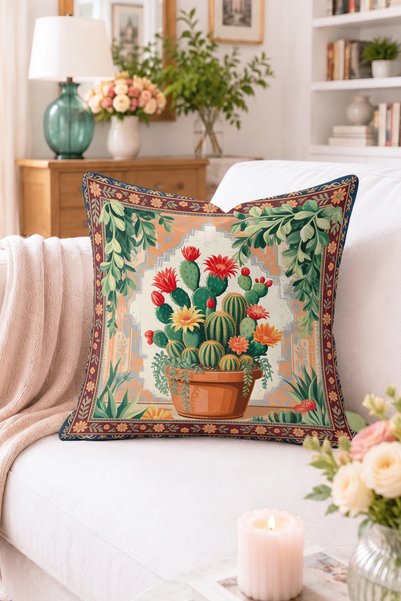 Home Saksıda Kaktüs ve Çiçek Desenli Kırlent Kılıfı - Renkli Bohem Dekoratif ...