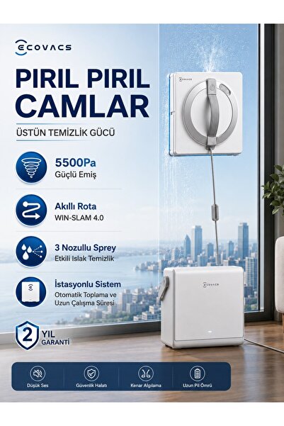 Ecovacs 6'sı 1 Arada Çok Fonksiyonlu İstasyonlu Cam Silme Robotu, 5500Pa Yüks...