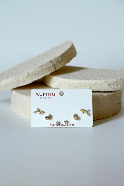 XUPING JEWELRY 3 Çift Zirkon Taşlı Minimal Çivili 14K Altın Kaplama VIP Küpe ...