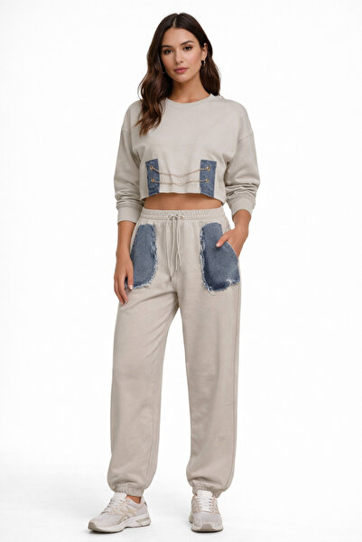MODEN Khaki casual set with denim inserts