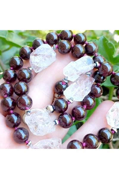 Sibelce 2824 Ham Herkimer Elmas Garnet Hematit el yapımı düğümlü kolye