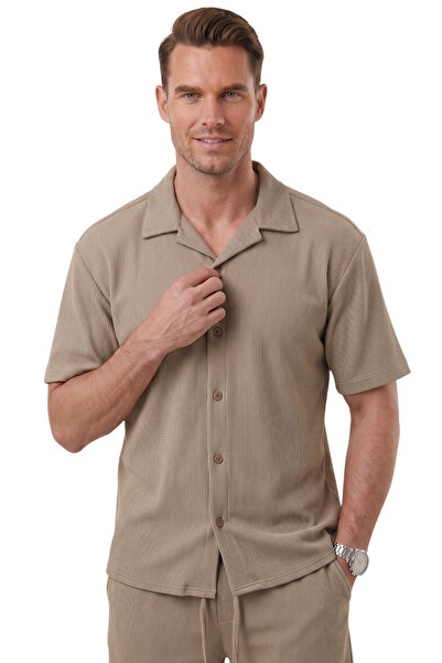 DeepSEA Mink Apaş Collar Textured Cotton Men's Shirt – Lycra Short Sleeve Shi...