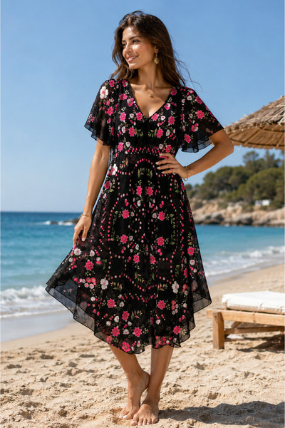 han collection tülbent elbise %100 pamuk siyah full pembe çiçekli