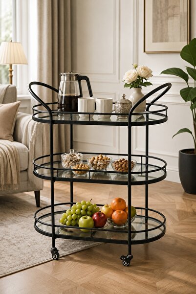 Generic Modern Oval Buffet & Serving Cart with 3 Glass Shelves and Luxurious ...