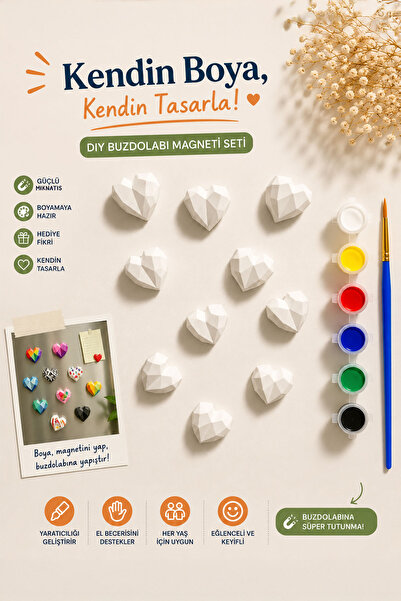 AYIŞIGII HEDİYELİK 💎 10'lu Geometrik Kalp Boyama Magnet Seti | Taş Tozu Kend...