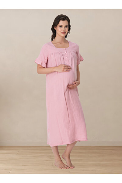 ByLohusa Short Sleeve Muslin Fabric Maternity Nightgown with Breastfeeding Fe...