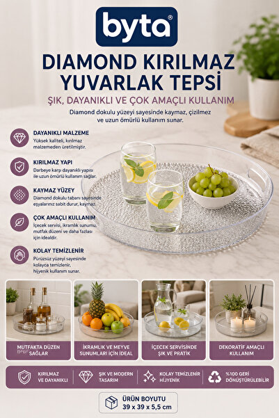 BYTA Diamond Unbreakable Round Serving Tray 39 cm Transparent Presentation Tr...