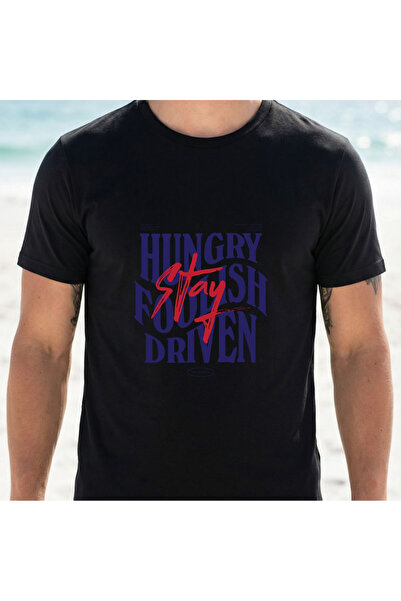 STITCHLY تي شيرت أسود مطبوع عليه Hungry, Stupid, Driven, Stay، مناسب للرجال ل...