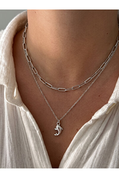 Esdem Accessories Gümüş Renk Çoklu Sevimli Yunus Kolye