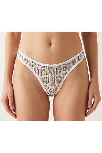 Kadın Beyaz Leopar Taş İşlemeli Detaylı String Fantezi Tanga