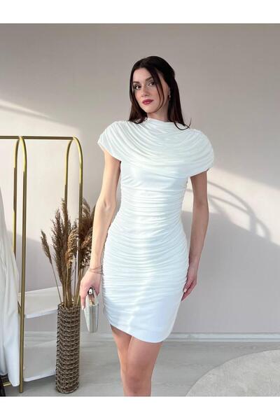 ALPŞAN TİCARET Women's Burgundy Black and White Draped Mini Evening Dress Boa...